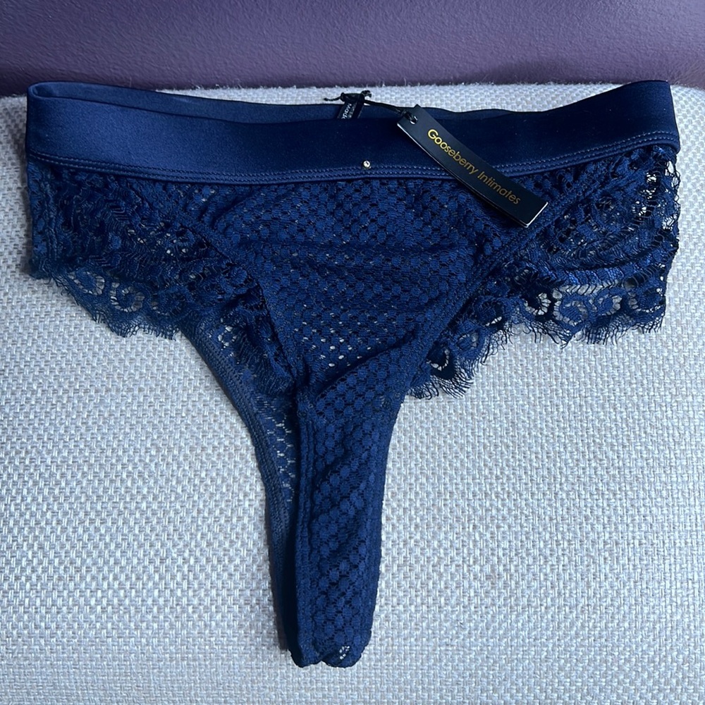 NWT Gooseberry Intimates XS High Rise Thong Full On Glam Navy Blue